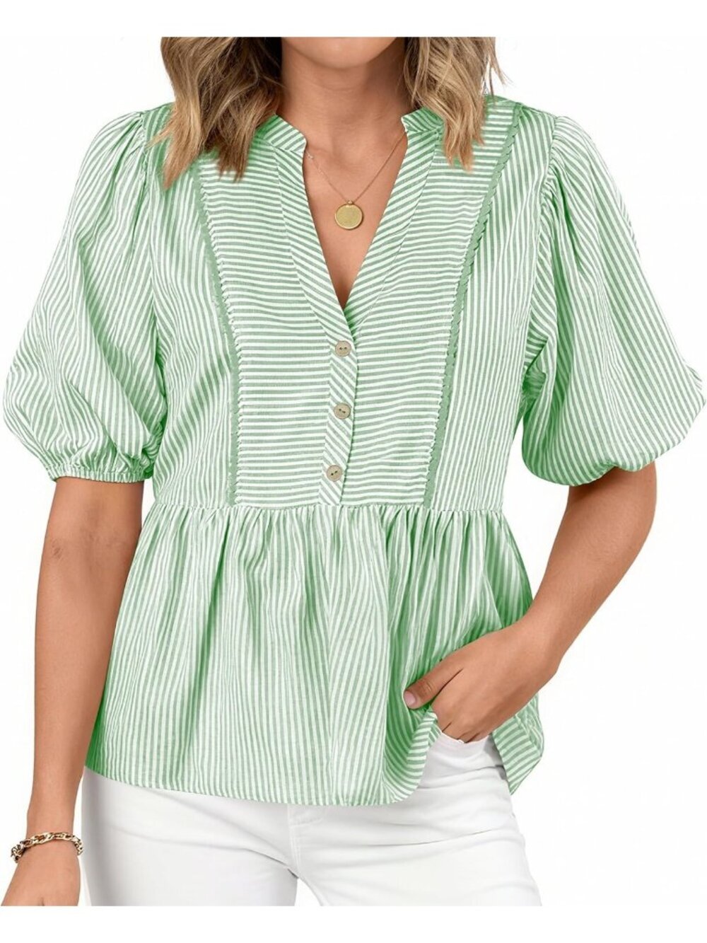 Women's Summer Tops Green Lantern Short Sleeve V Neck Button Peplum Shirts